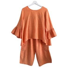 Bryn Walker Two Piece Linen Set Fran Top Lantern Pants XS Orange Lagenlook